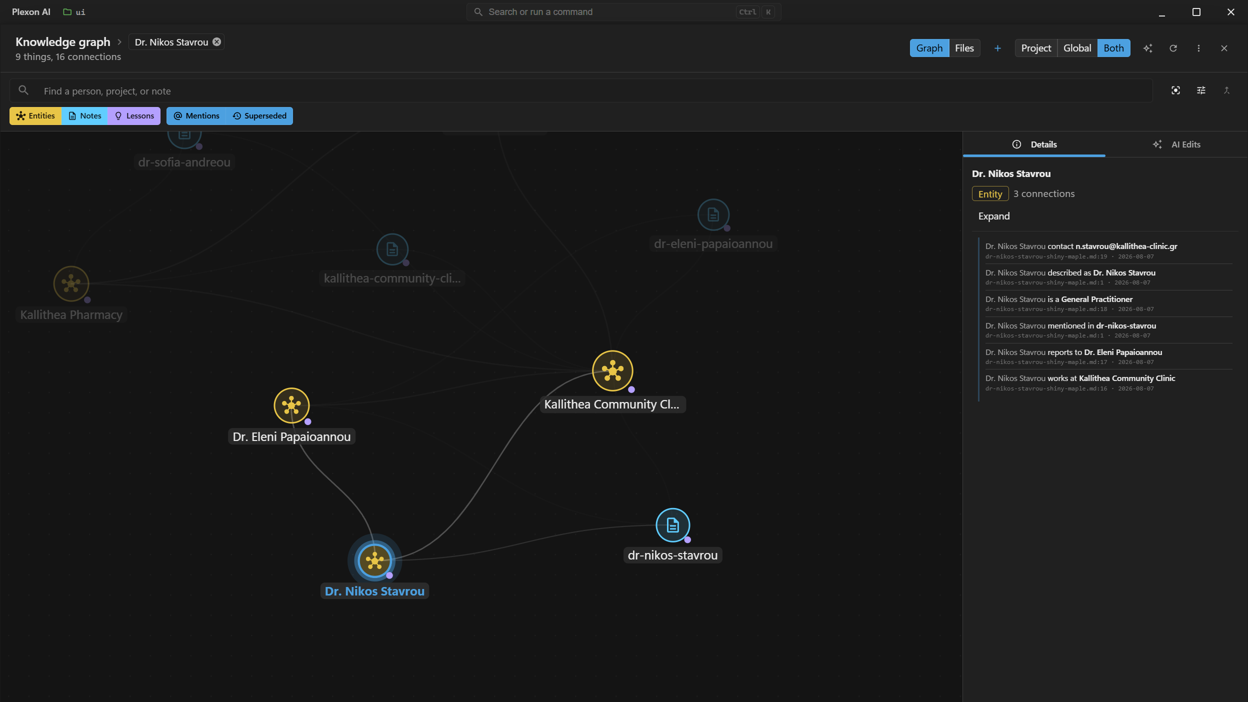 The knowledge graph in Plexon AI, showing people, notes and the connections between them, with the source file and line behind each fact.