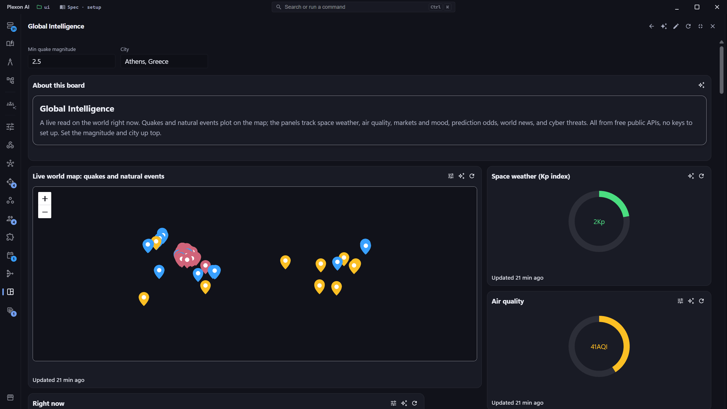 A Plexon AI dashboard with a live world map, a space weather gauge and an air quality gauge, driven by two parameters at the top of the board.