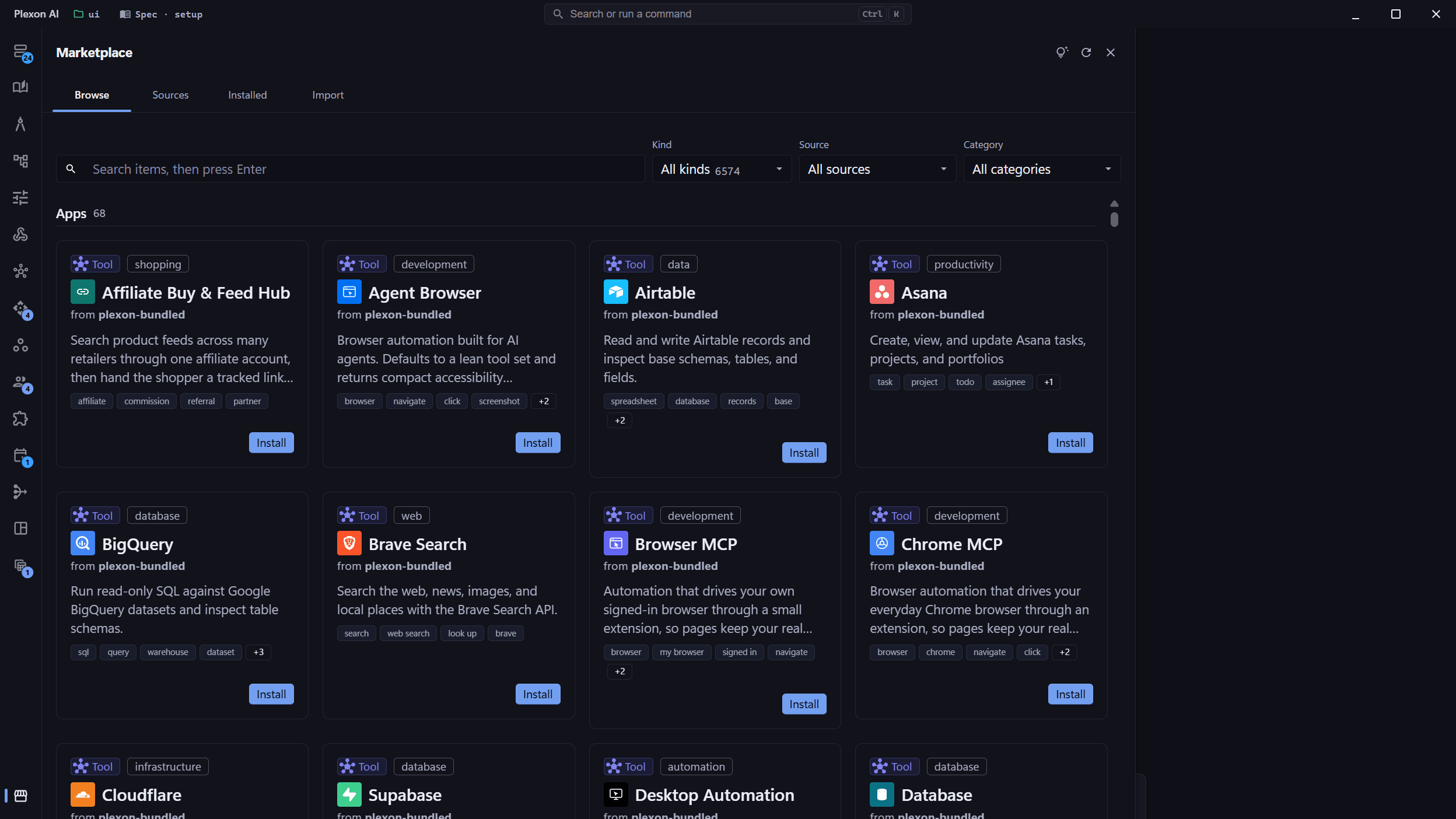 The Plexon AI marketplace, browsing bundled tools with an Install button on each card.
